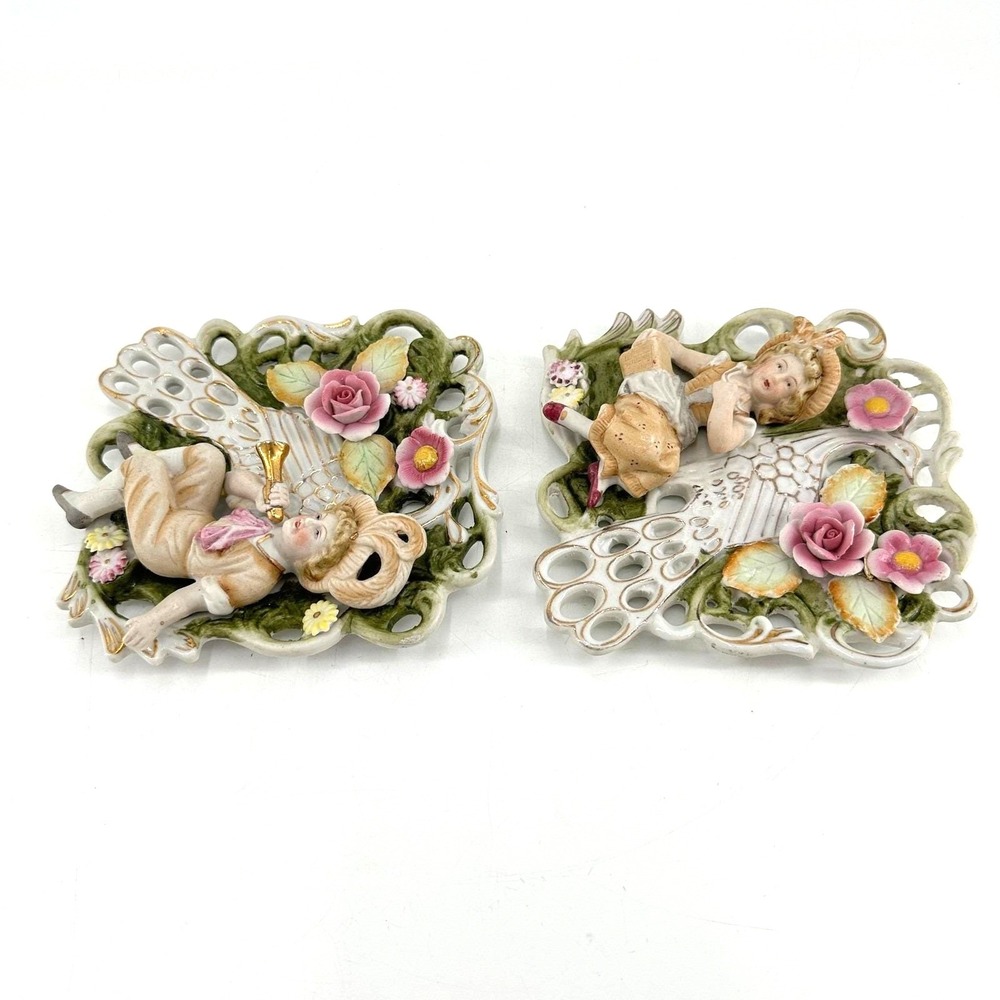 Vintage Victorian Cottagecore Shabby Chic Porcelain Floral Wall Decor Pair - Picture 2 of 8
